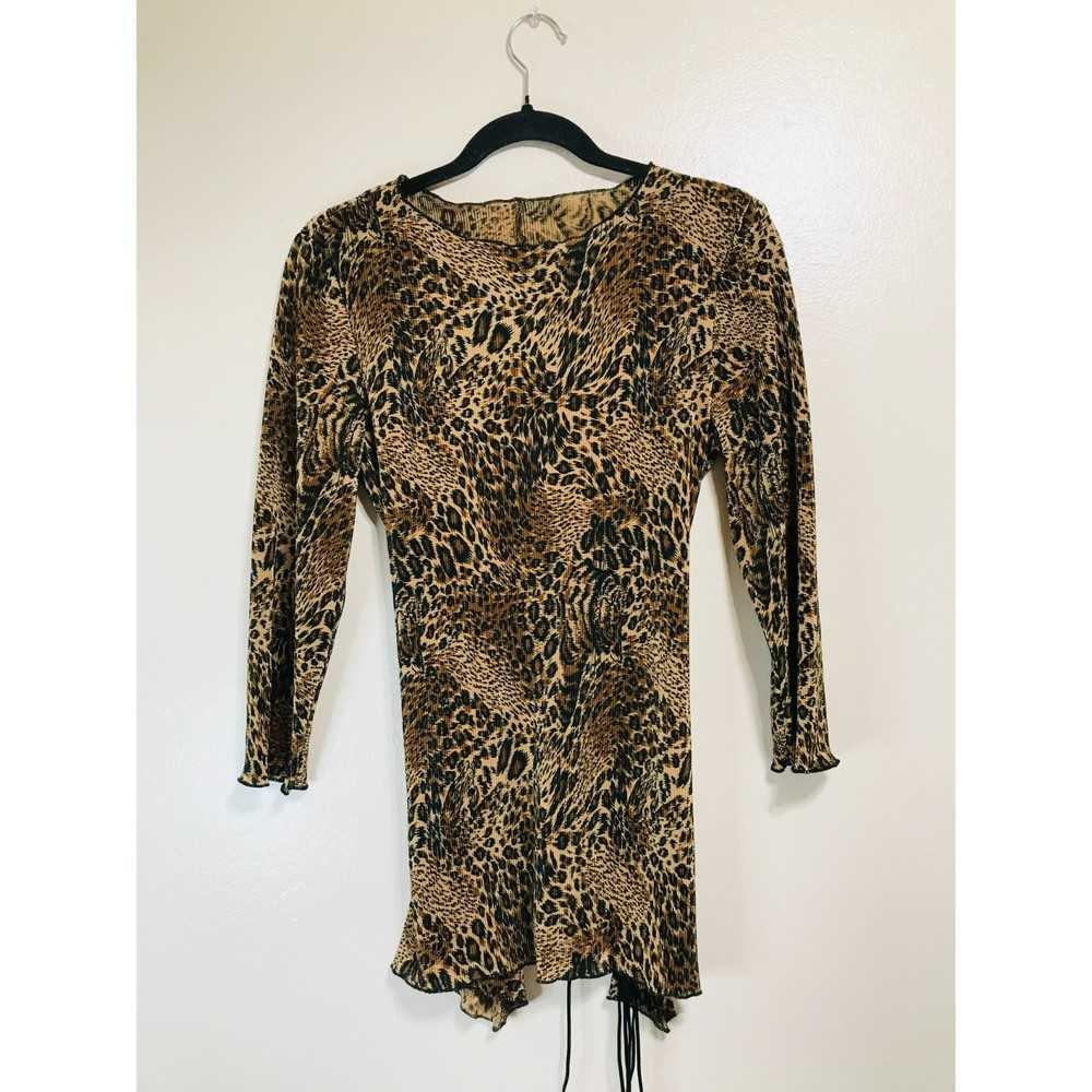 Connected Animal Print Heavily Pleated Tunic Blouse With Leather Back Tie Size M